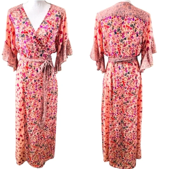 Lovestitch Priscilla Mauve Floral Flowy Wrap Maxi Dress Flutter Slvs Tie Belt LG - Picture 7 of 15
